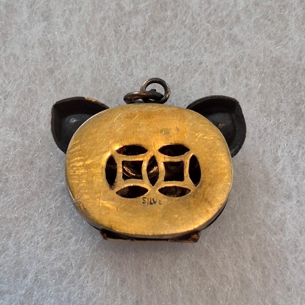 Vintage CHINESE EXPORT Sterling Silver Gold Vermeil CAT LOCKET Enamel PENDANT