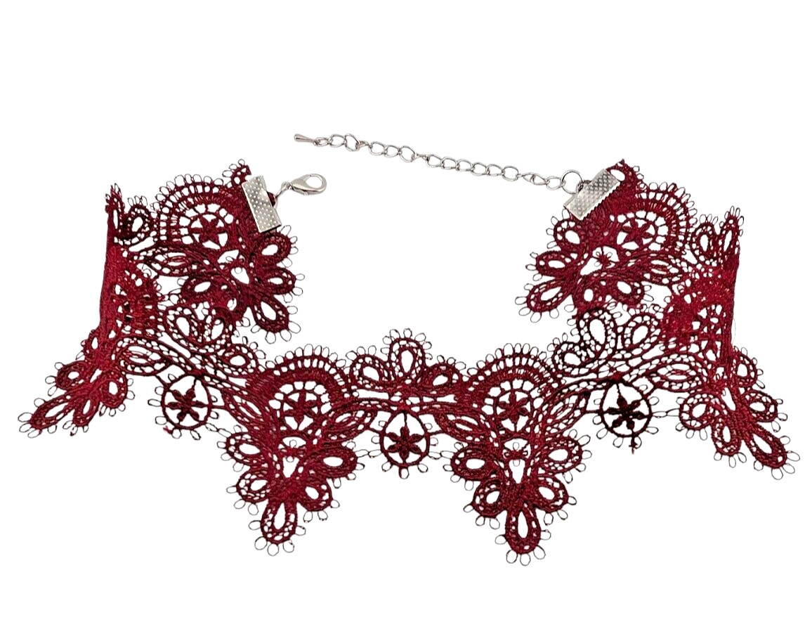 DARK CHERRY RED LACE CHOKER burgundy maroon gothic scalloped necklace 12-15″ Z2