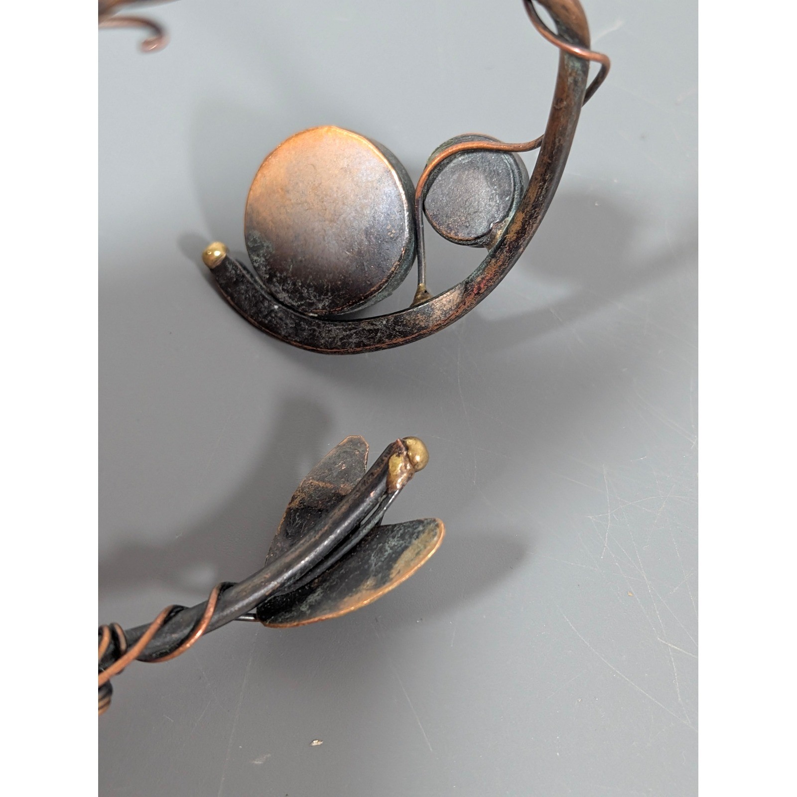 Artisan Copper Brass Wire Wrap Cuff Bracelet Amethyst Gray Stone Mixed Metal