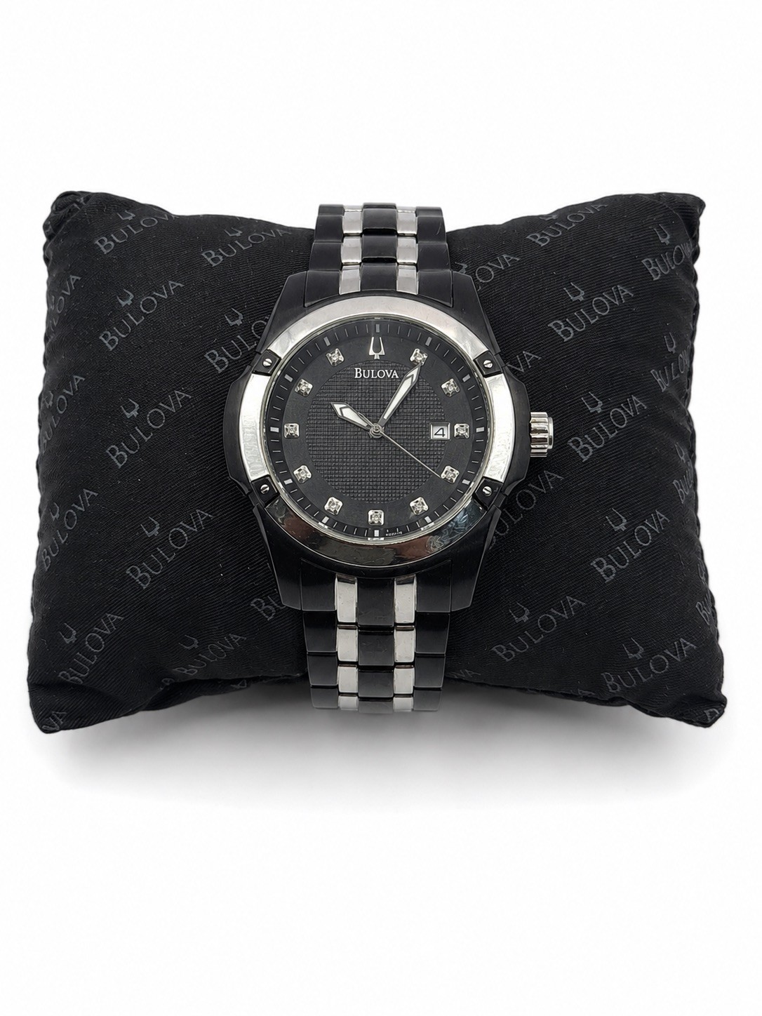 Bulova Stainless Steel Black With Diamonds Around Dial Black Face w/Original Box