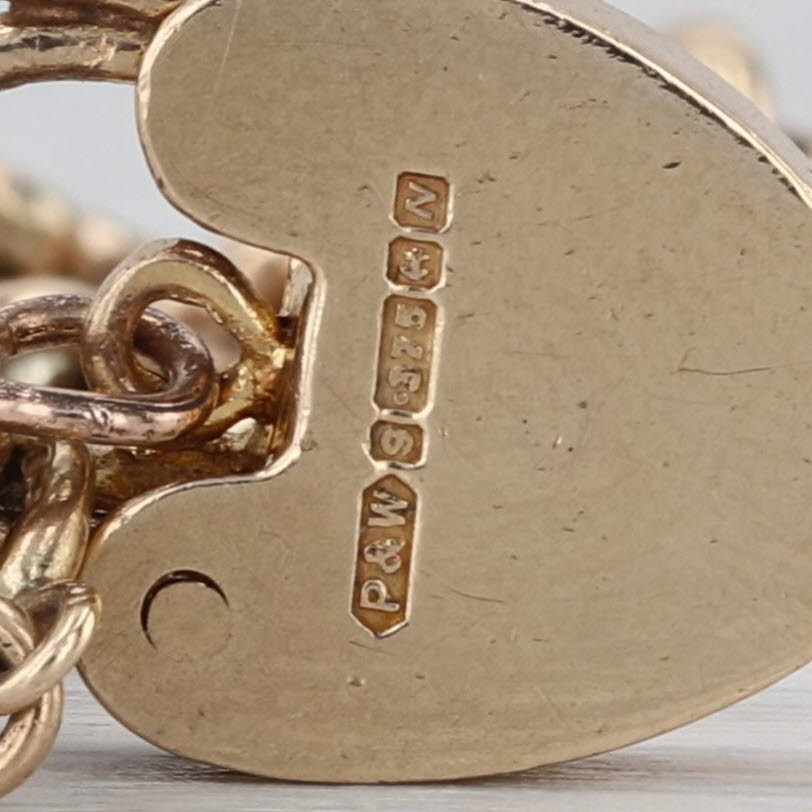 Vintage Pad Lock Heart Charm Bracelet 9k Yellow Gold 7″ Curb Chain British