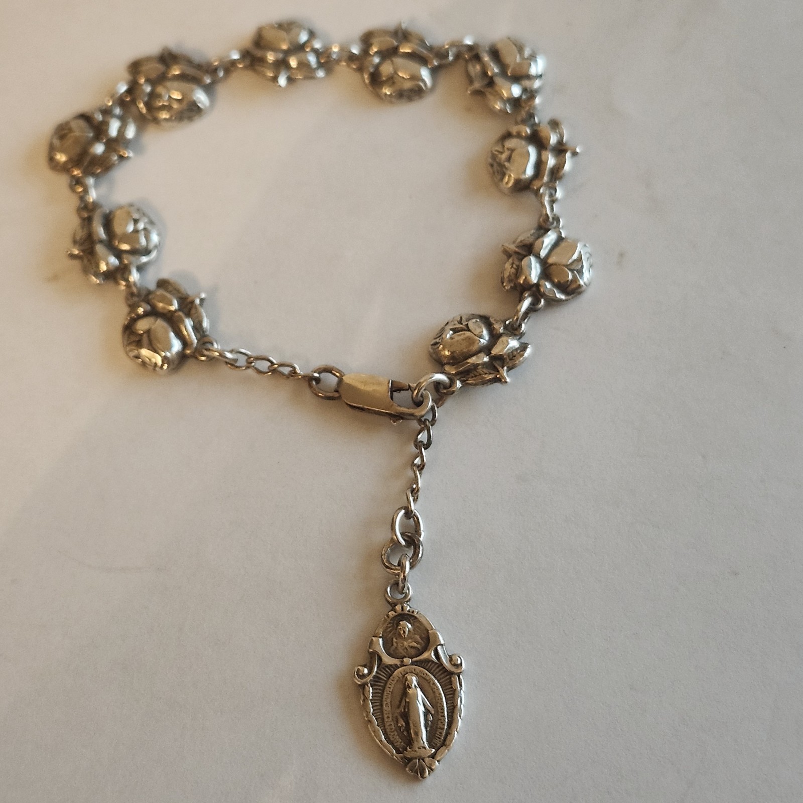 Sterling Silver Vintage Religious Rose Catholic Saint Prayer Bracelet Virgin M
