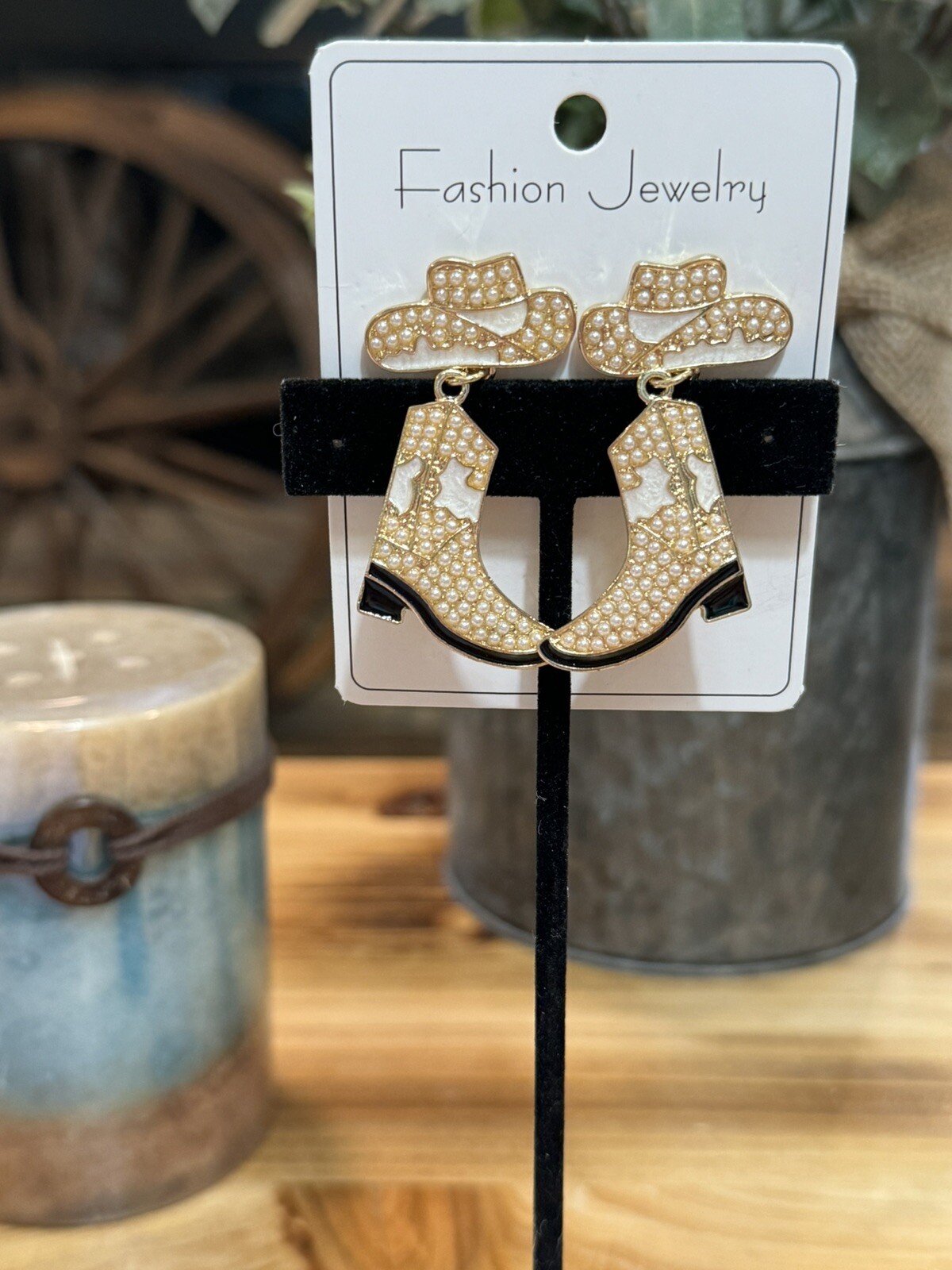 Western Style Post Back White Dangle Cowboy Hat And Boot Earrings W/ Pearls