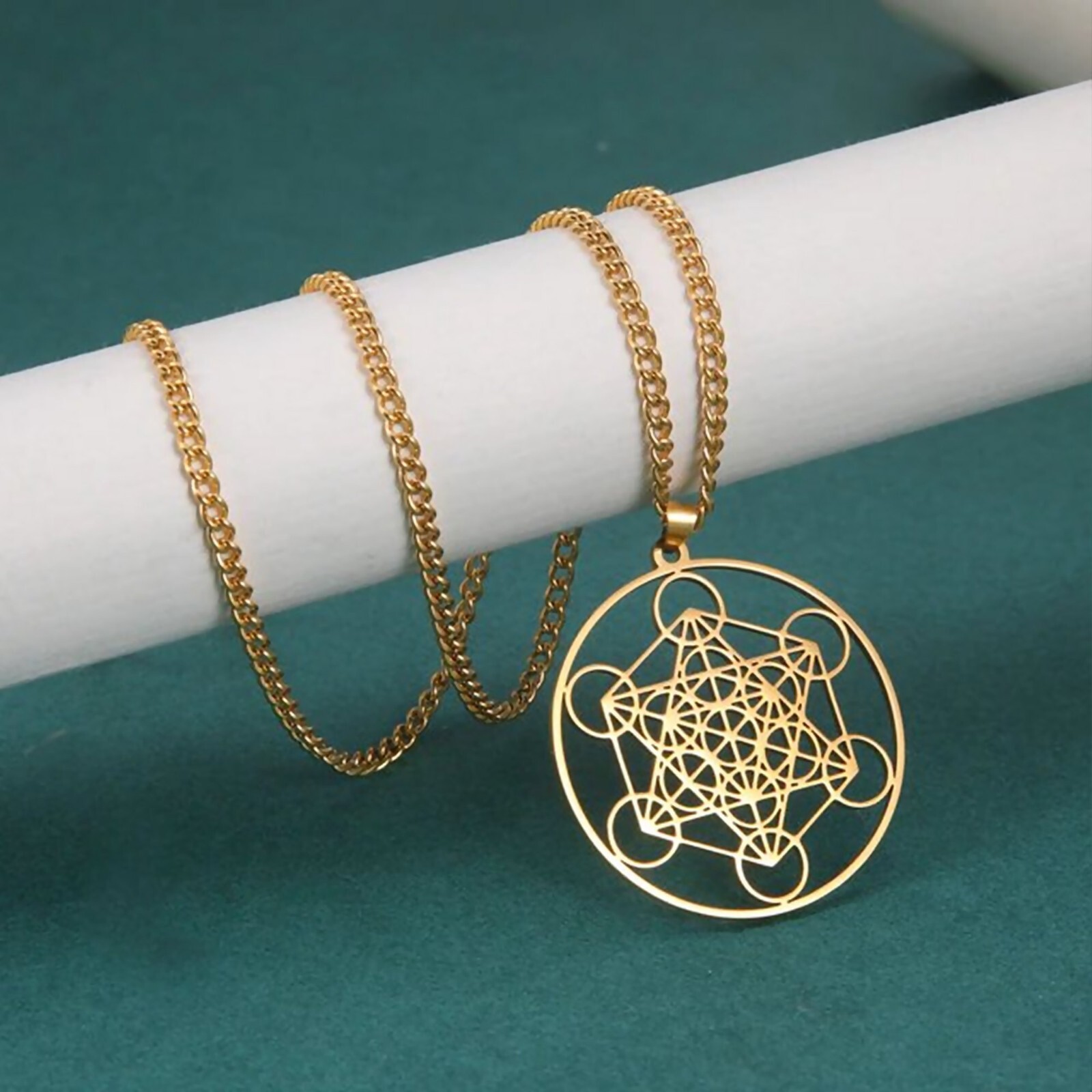 Gold Metatrons Cube Necklace Stainless Steel Sacred Geometry Pendant with Chain