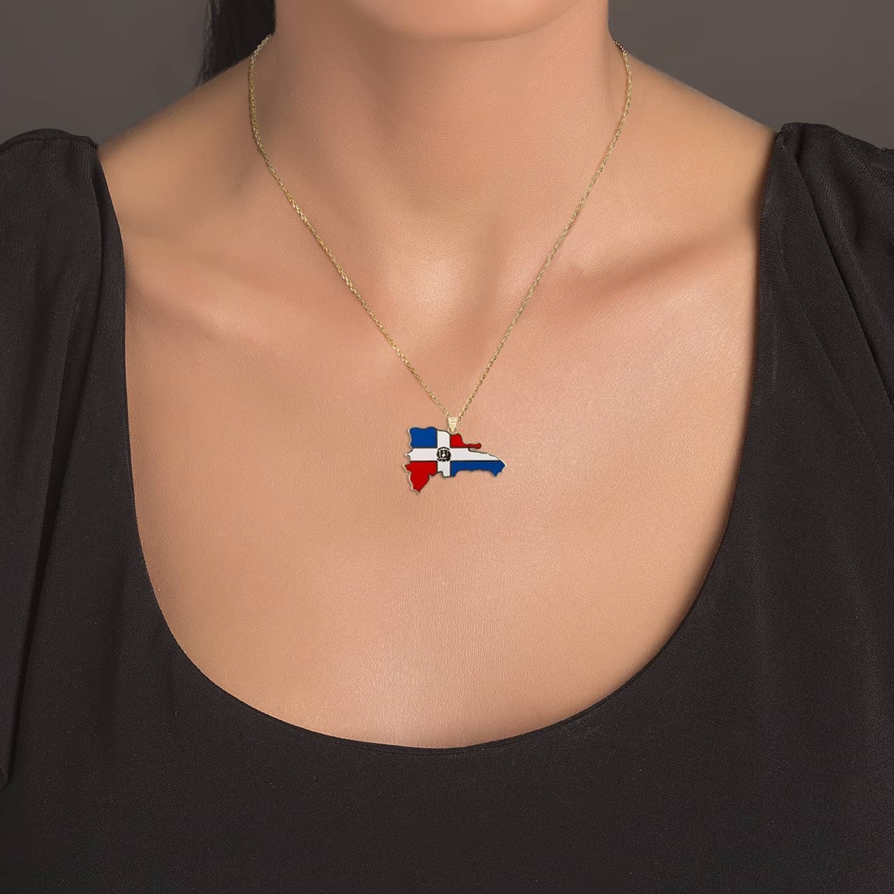 Gold Map of Dominican Republic Country Flag Enamel Pendant Necklace
