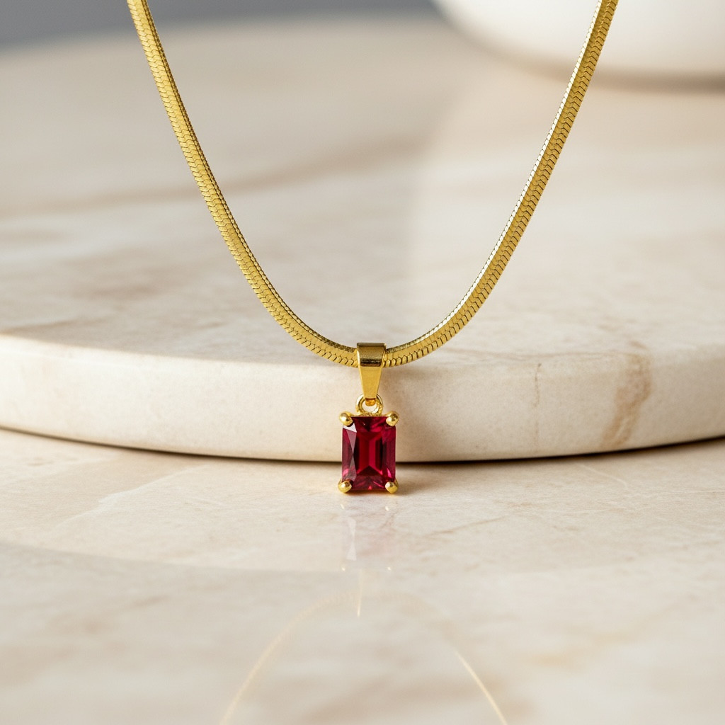 Diamond CZ Snake Chain – Emerald Cut Necklace | Dainty Herringbone | 18k Gold