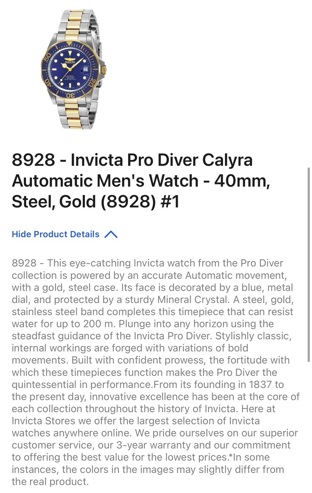 🔥Invicta Pro Diver 40mm AUTOMATIC Blue Dial Two-Tone Bracelet 8928