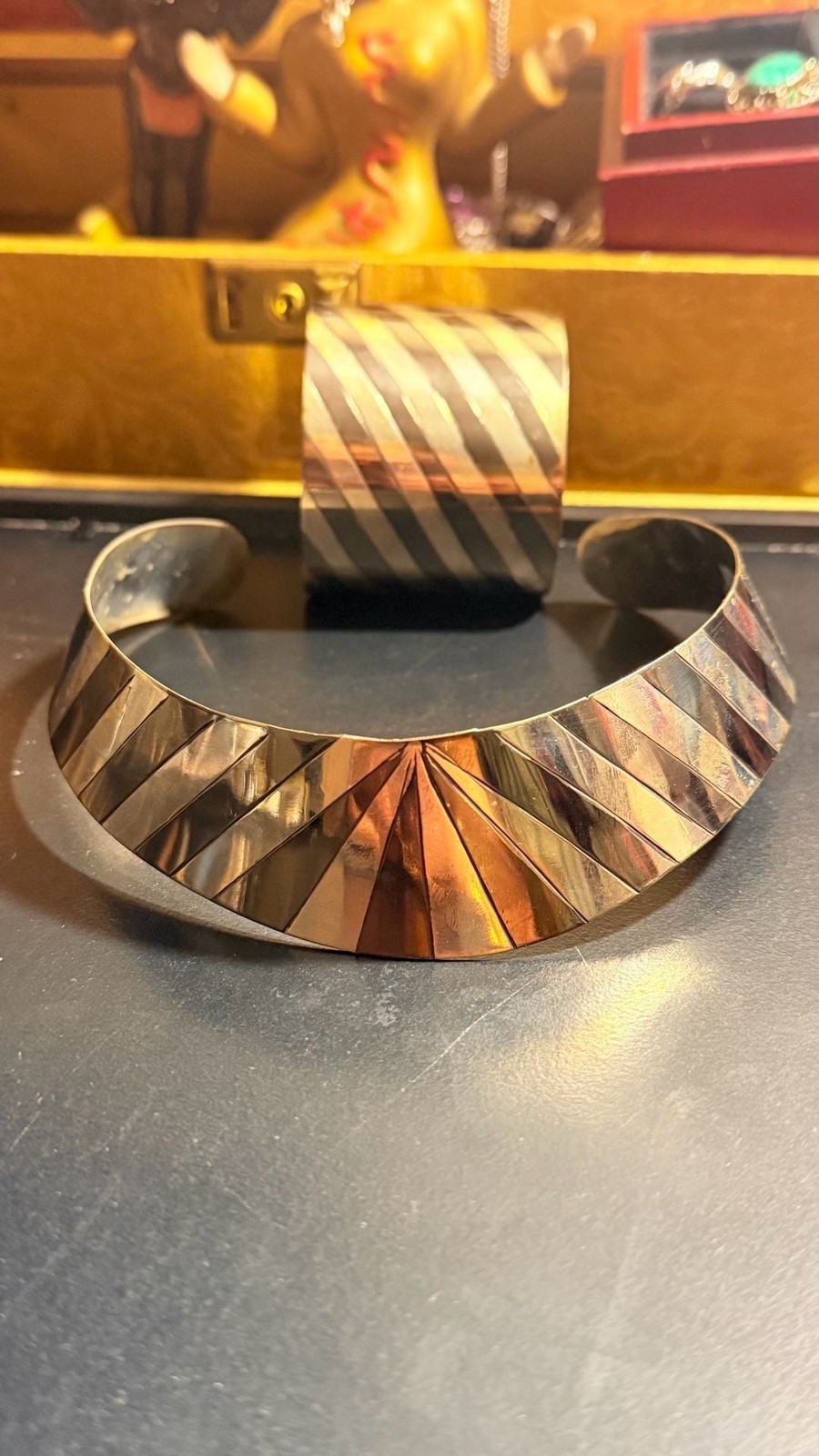 Vintage India Striped Metal Choker and Cuff Bracelet Set