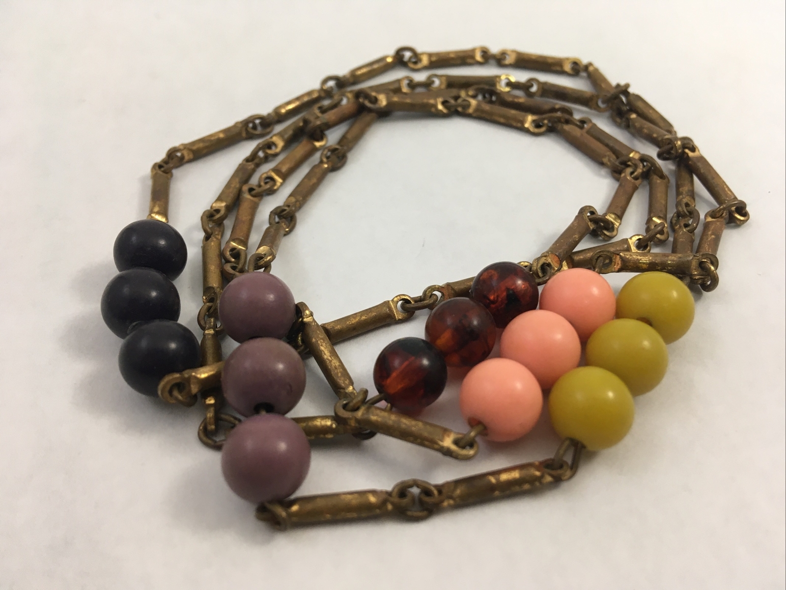 Multi Color Beaded Gold Tone Strand Necklace 32″ Vintage Boho Chic String