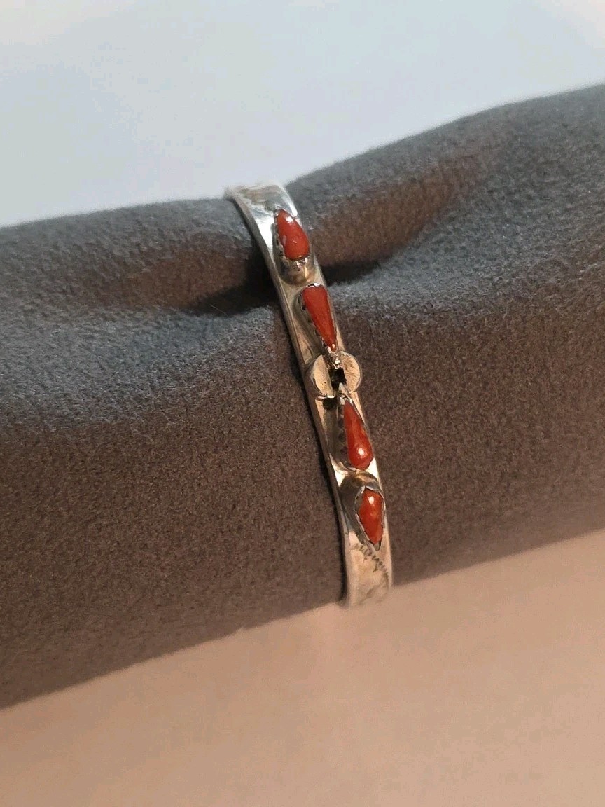 N.A. Navajo Baby Cuff Bracelet Silver And Coral 4.5″ Stamped. Signed EW