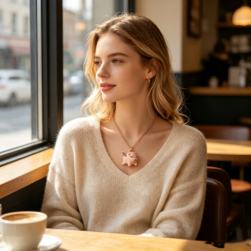 Cute Pink Enamel Flying Pig Short Necklace Crystal Wing Rose Gold Women Jewelry