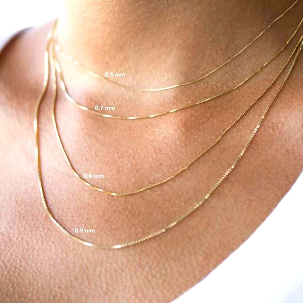 14k Yellow Real Solid Gold Mirror Box Chain Necklace, 0.8mm, 18″