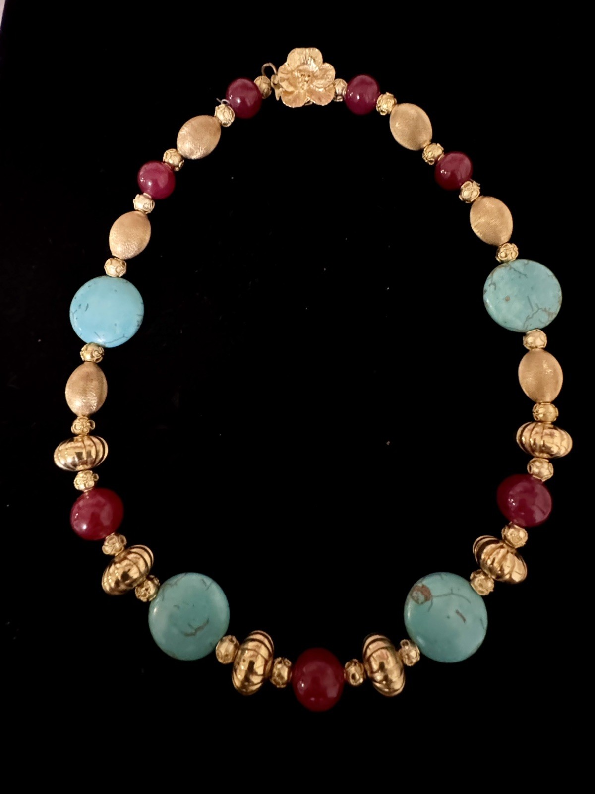 Vintage Coin Turquoise & Red Rubelite Textured Gold Tone Statement Necklace