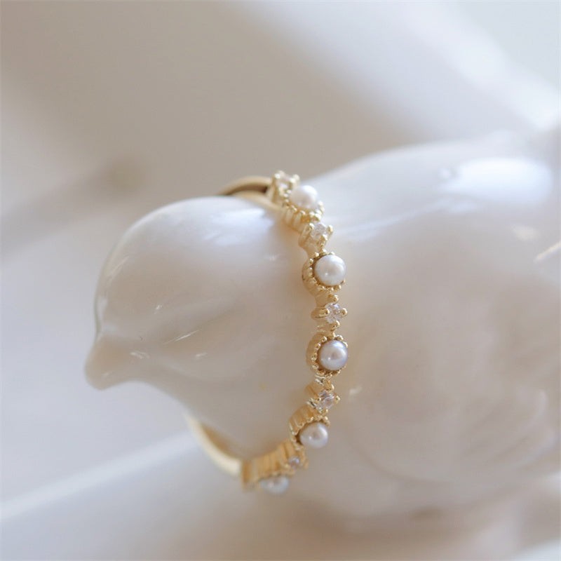 Dainty Gold Pearl Stacking Ring in 925 Sterling Silver
