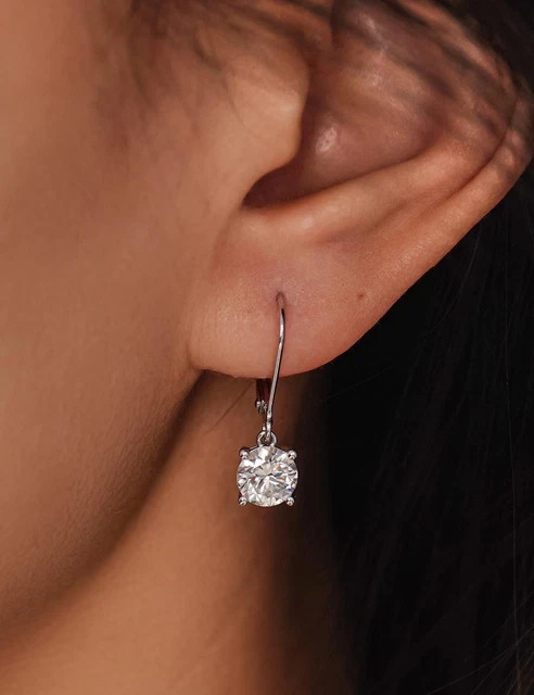 Solitaire Round 14K White Gold Plated 2ct Lab Grown Diamond Lever Back Earrings