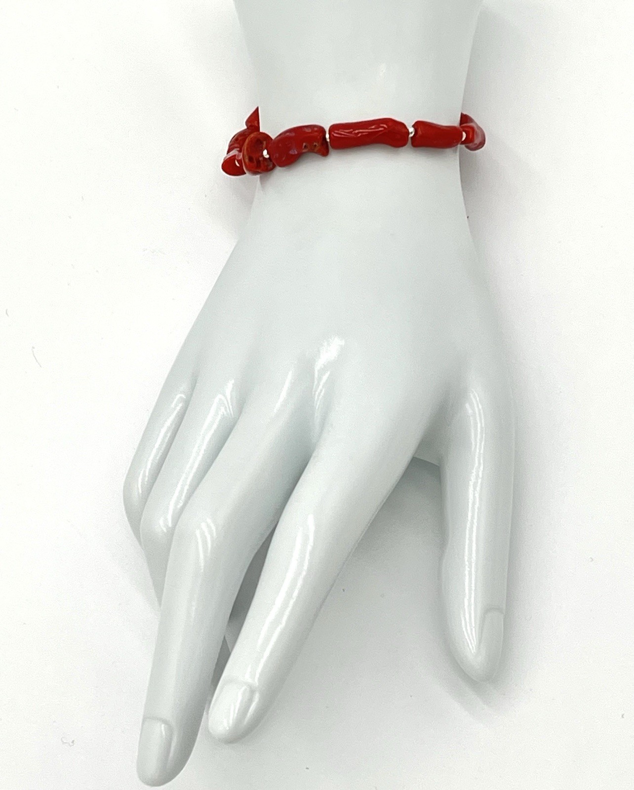 Natural Mediterranean Red Coral Bracelet 19.5cm 925 Silver Unisex Handmade