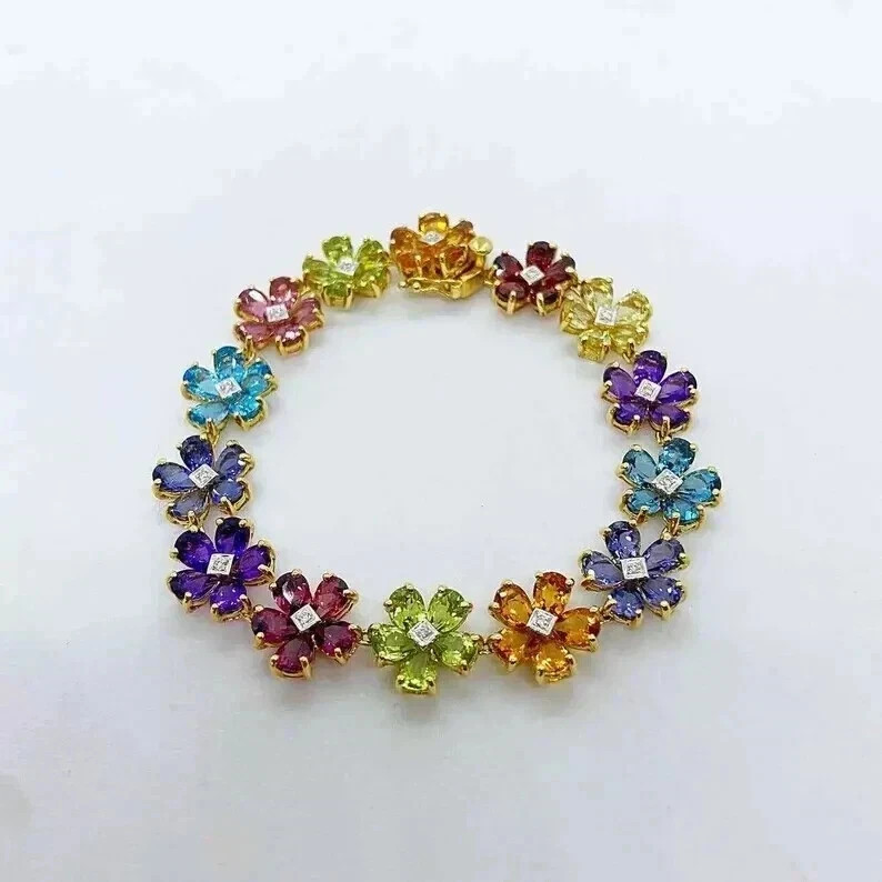 9.55 Ct Simulated Multi-Gemstone Flower 7″ Bracelet 14K Yellow Gold Plated