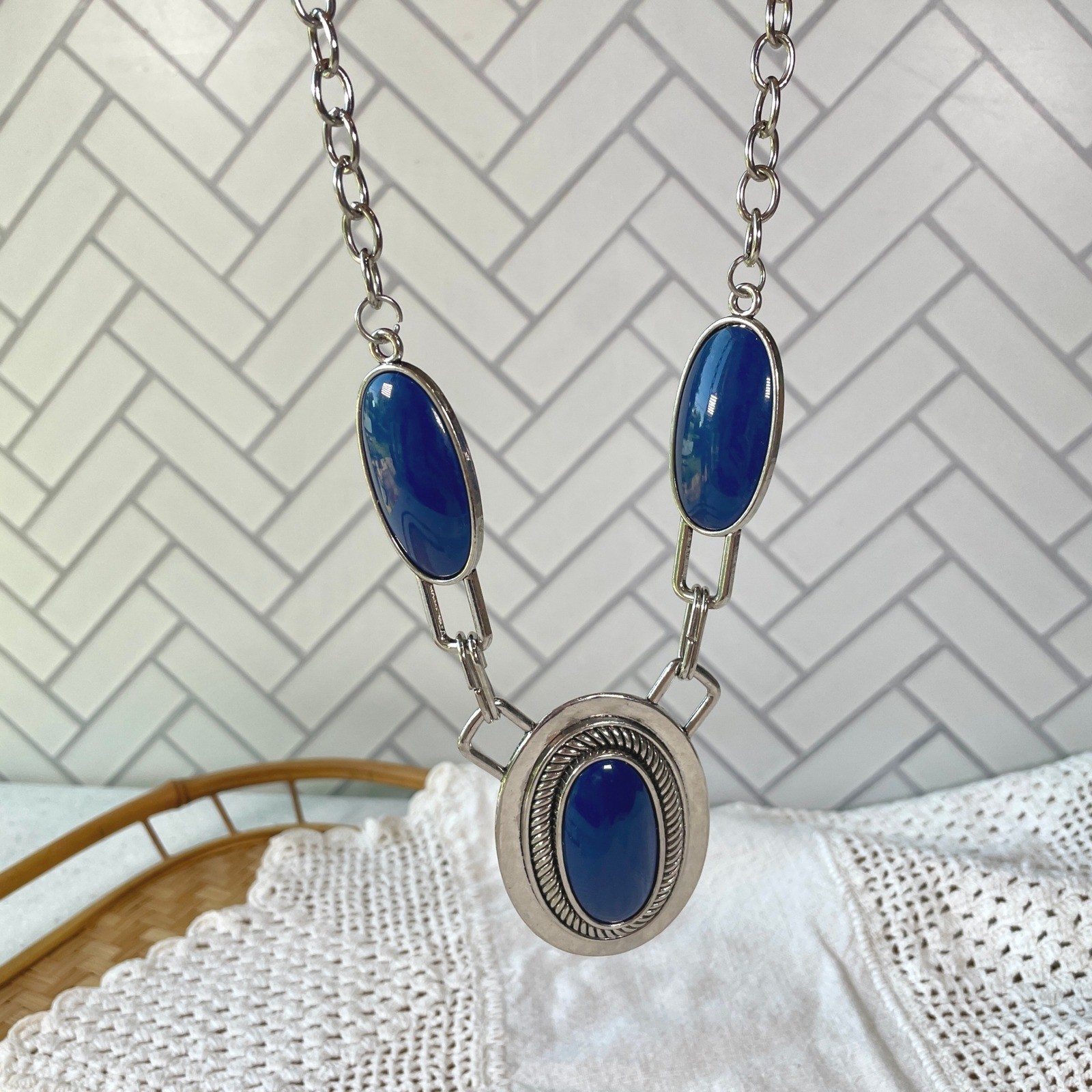 Boho Silver Tone Cobalt Blue Oval Statement Necklace Chunky Link Southwestern
