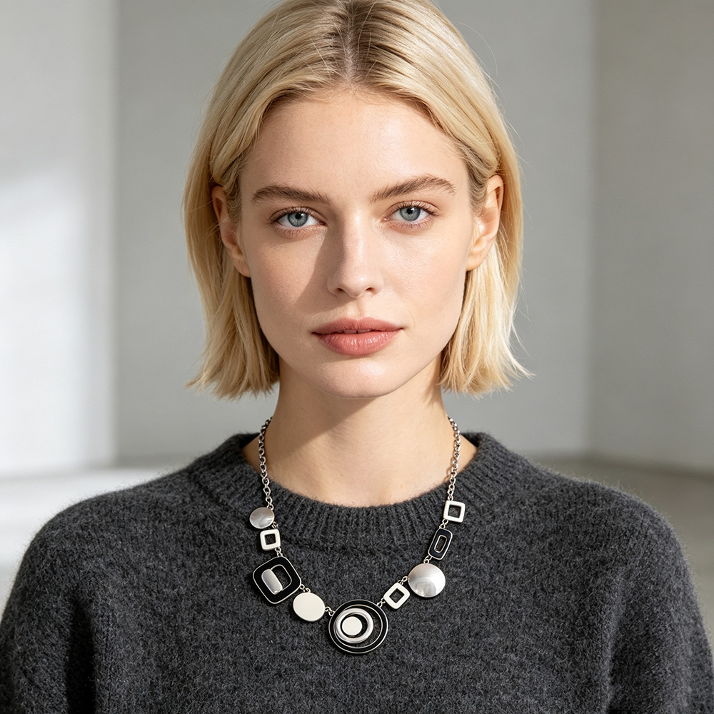 Short Bib Choker Hand Enamel Black White Geometric Alloy Rhodium Plated Necklace