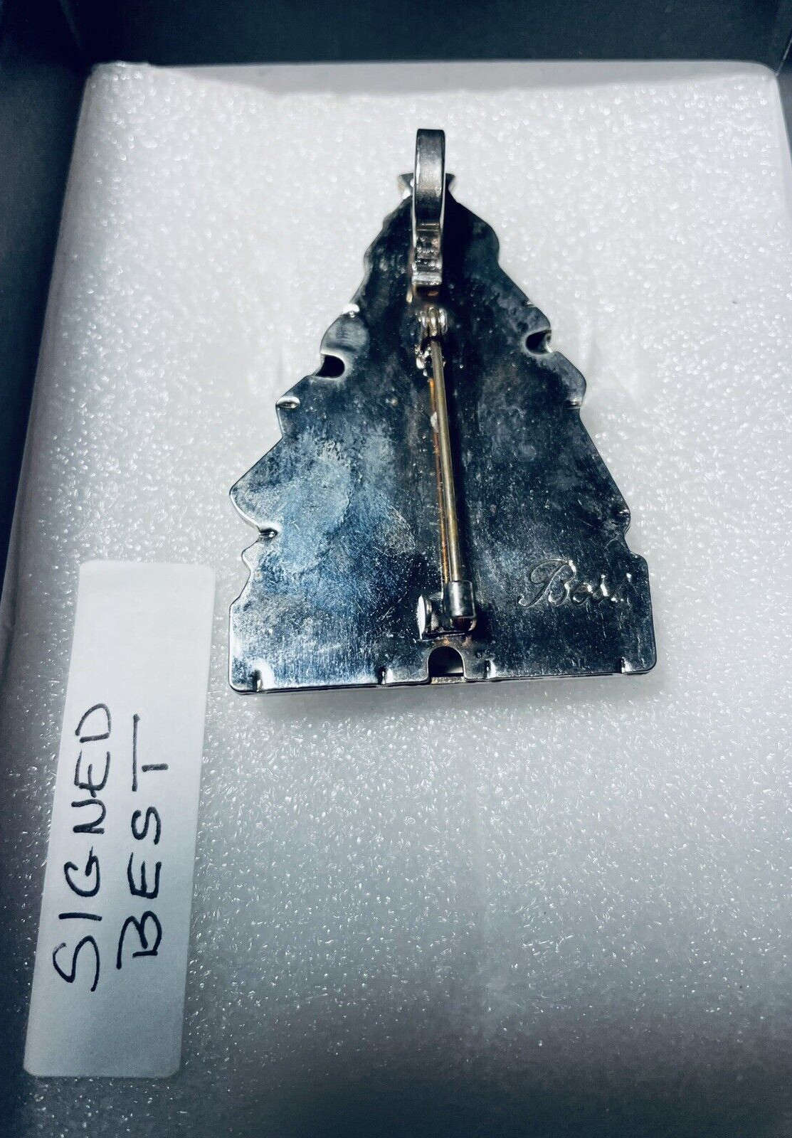 Best Silver Tone Christmas Tree Pendant Brooch Pin – signed BEST 2 1/8in tall