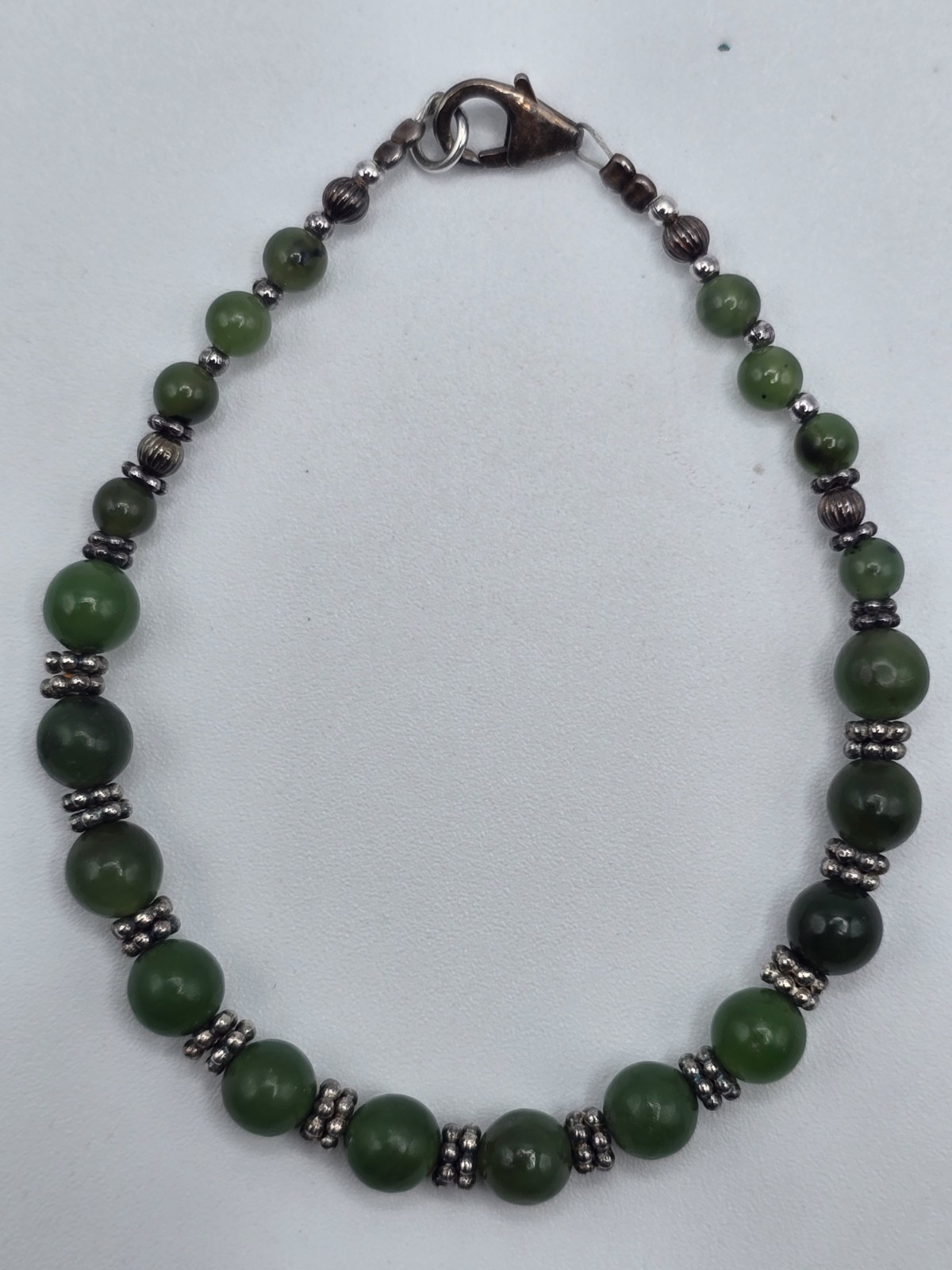 Vintage 925 Sterling Silver Natural Green Gemstone Beaded Bracelet 7″ Estate