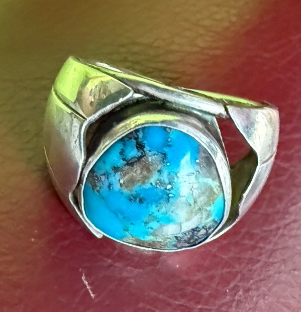 Natural Bisbee Turquoise In Quartz Tufa Sterling Ore Silver Ring Size 9.5