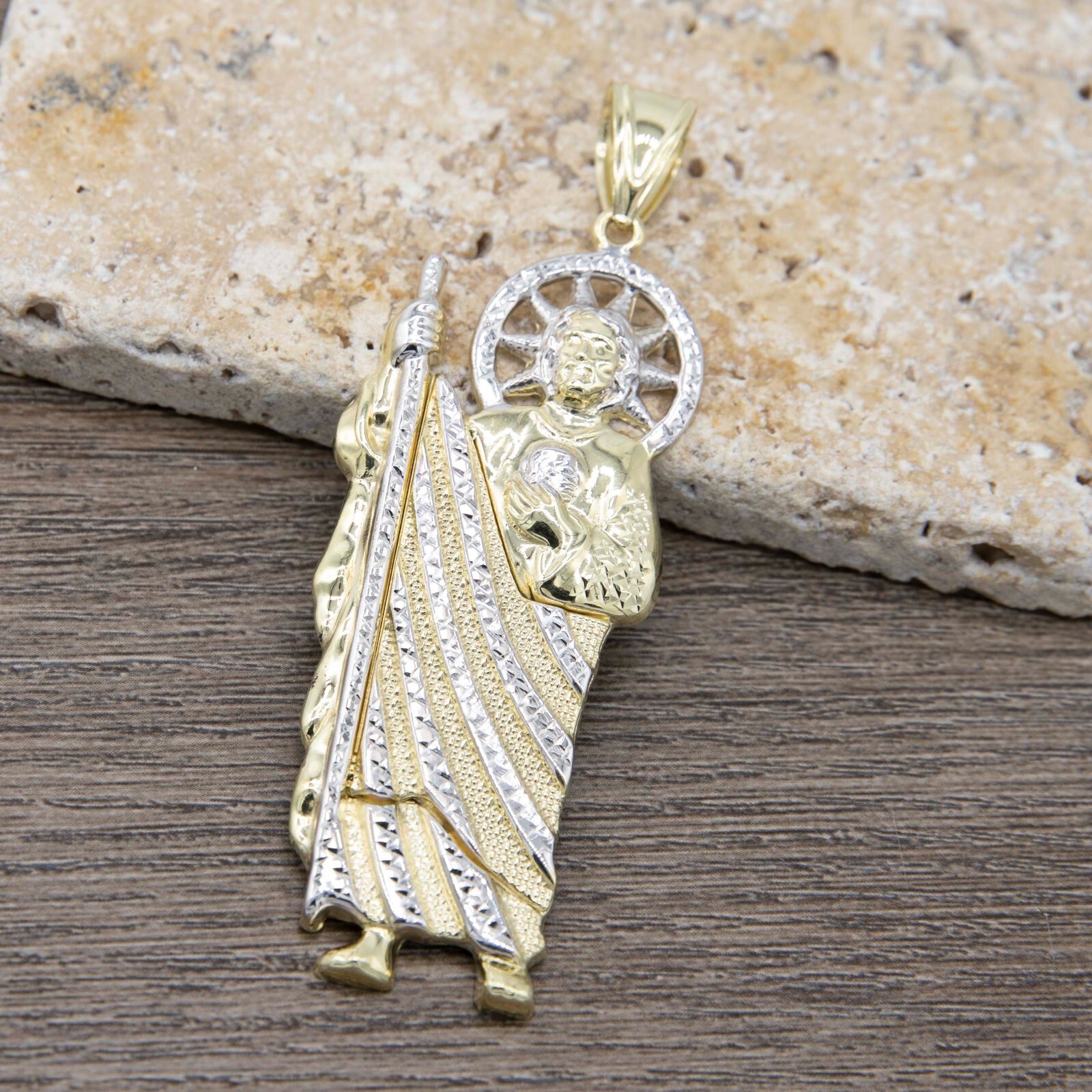 Diamond-Cut St. Jude Pendant Real Solid 10K Yellow White Gold All Sizes