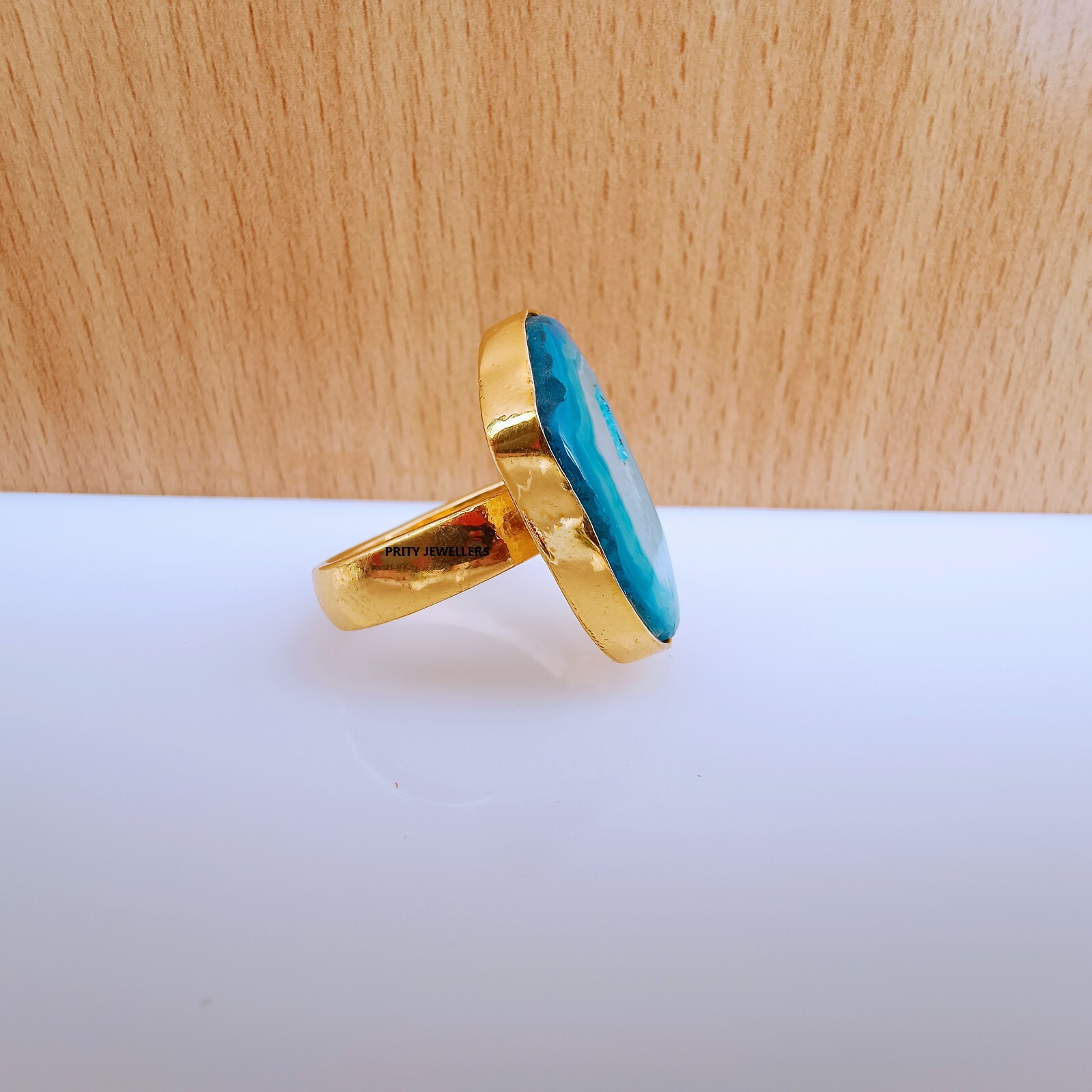 Blue Agate Gemstone Gold Plated Ring, Handmade Antique Ring, All Sizes Available