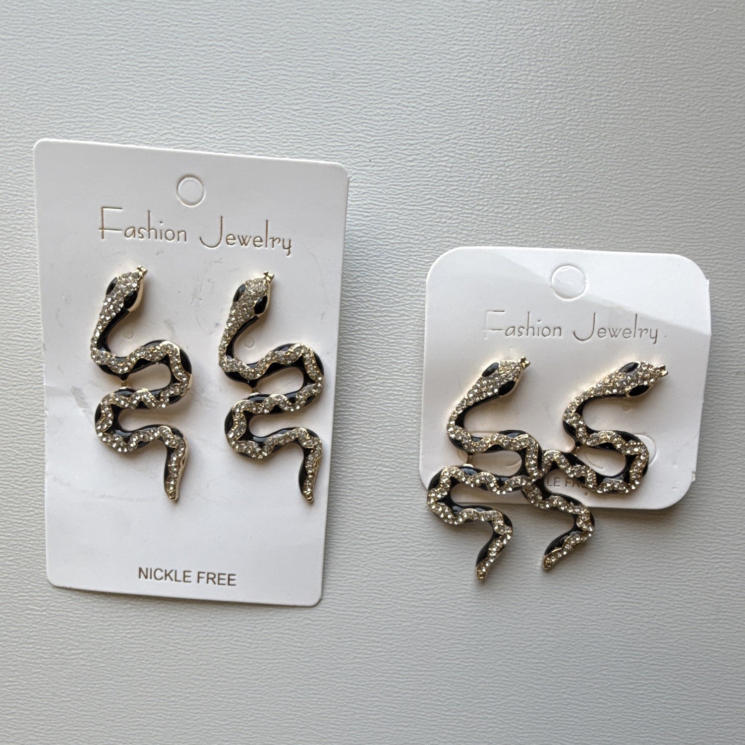 Fashion Jewelry Snake Stud Earrings Gold Tone Black Pavé Crystal (Set of 2)