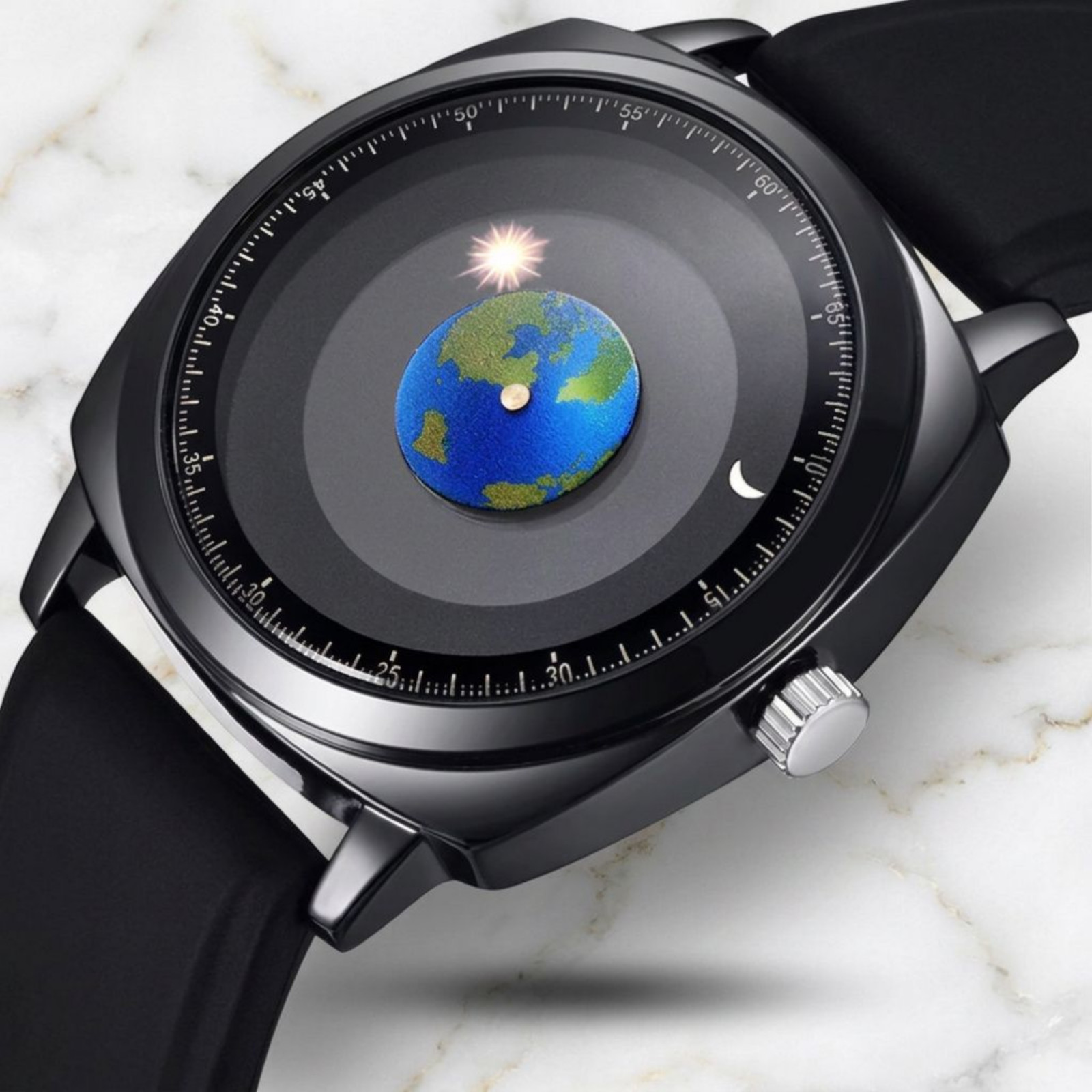 Men’s Creative World Map Watch Black Dial Gray Case Earth Moon Sun Black Strap