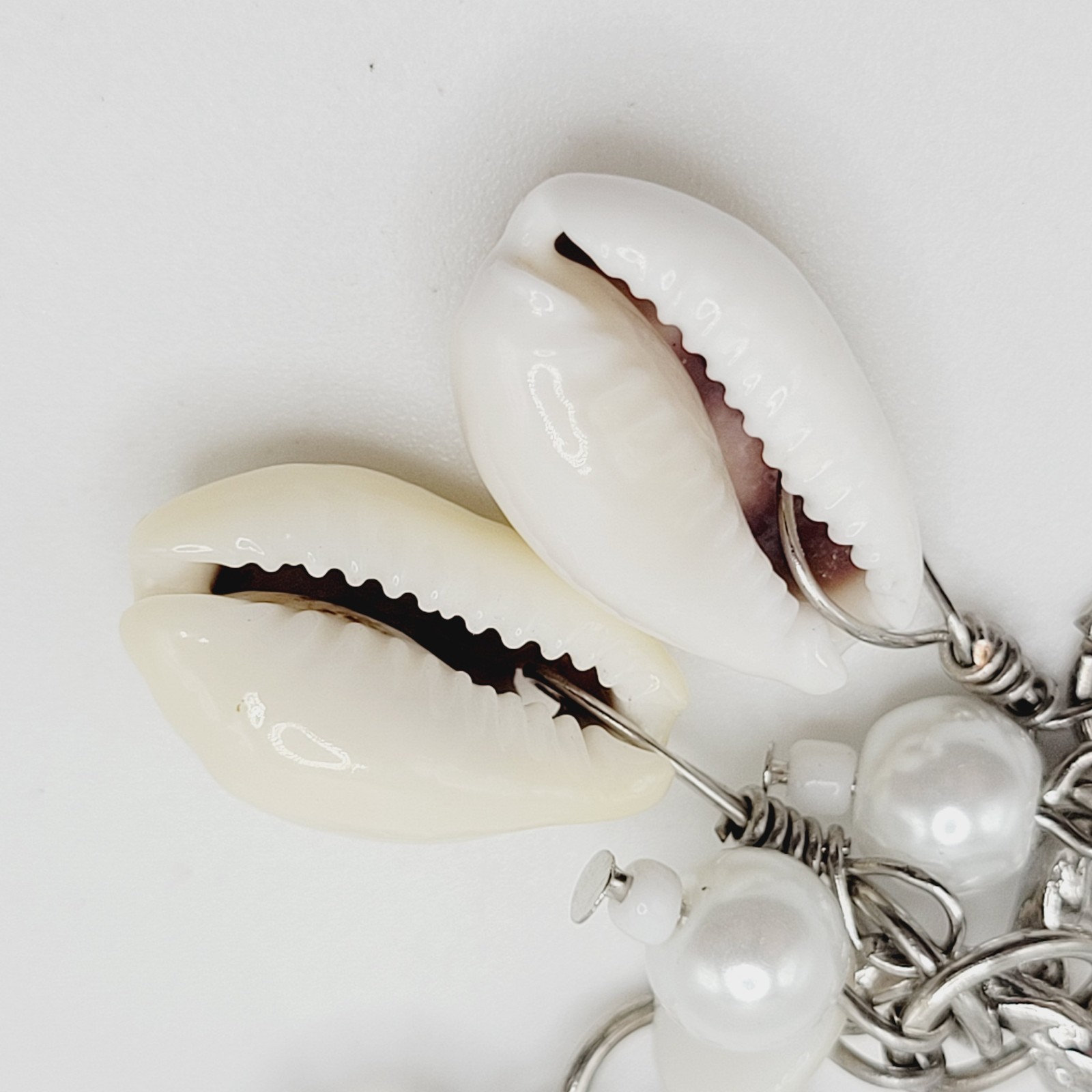 Handcrafted Boho Cowrie Shell Dangle Earrings Silver Tone Cluster Beaded Coastal