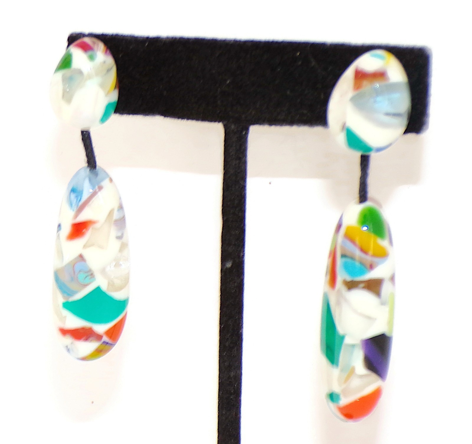 Sobral Caillou Multicolor Mosaic White Bead Artist Made Dangle Post Earrings