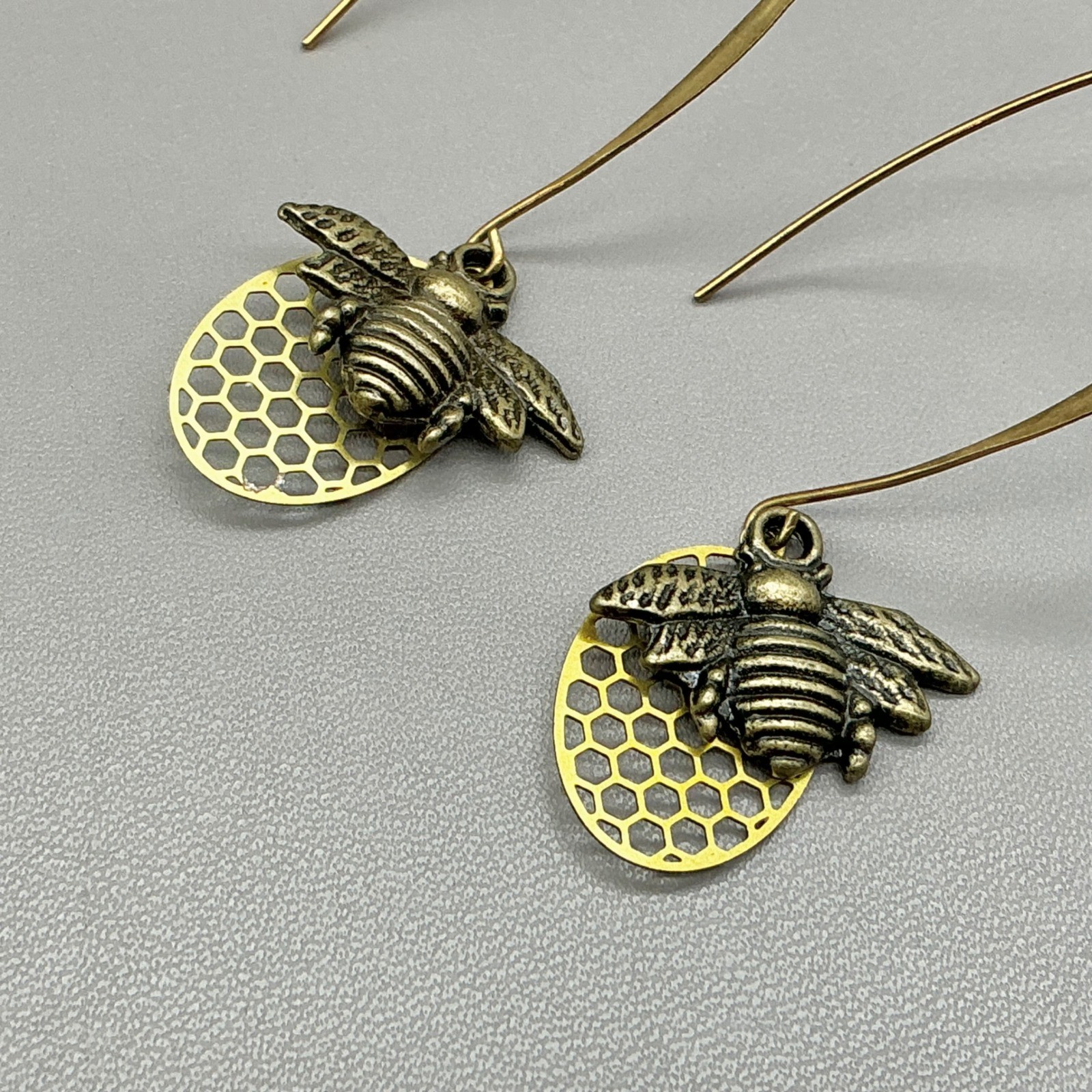 Earrings Women Gold Honey Bee Honeycomb Long Kidney Wire Dangle Drop 2.25 Inch