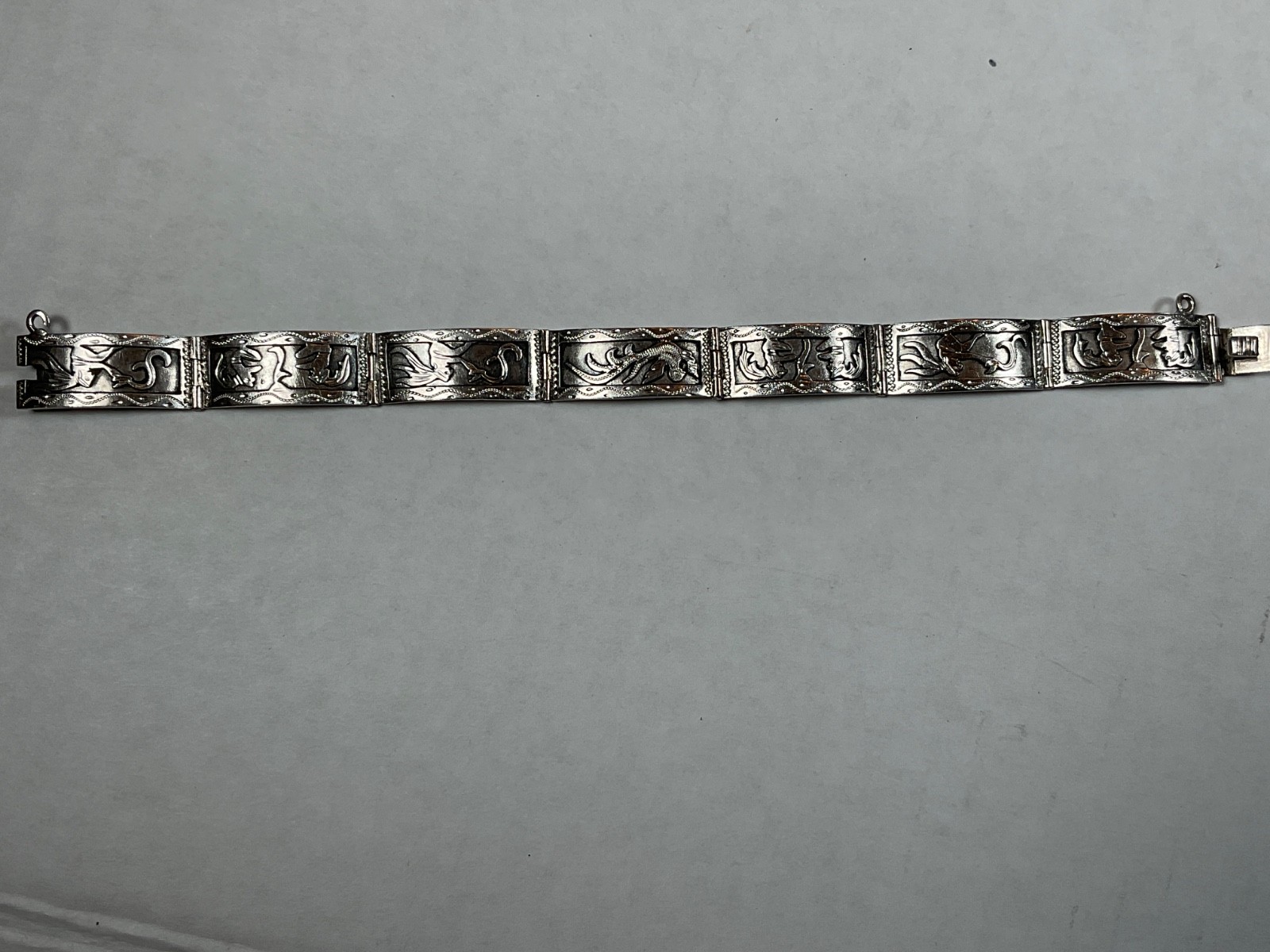 Vintage Chinese Export .900 Silver 7 Panel Bracelet Phoenix Archaistic Design