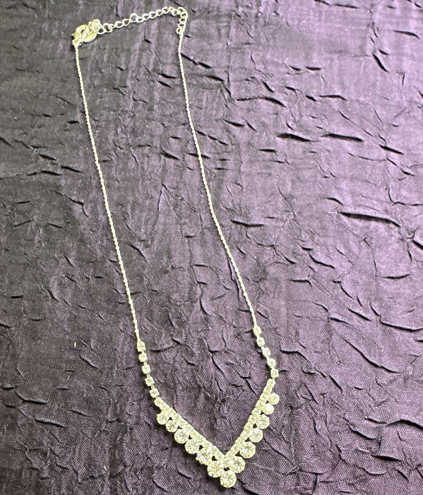Silver Clear Crystal Rhinestone V Statement Necklace Adjustable Lobster