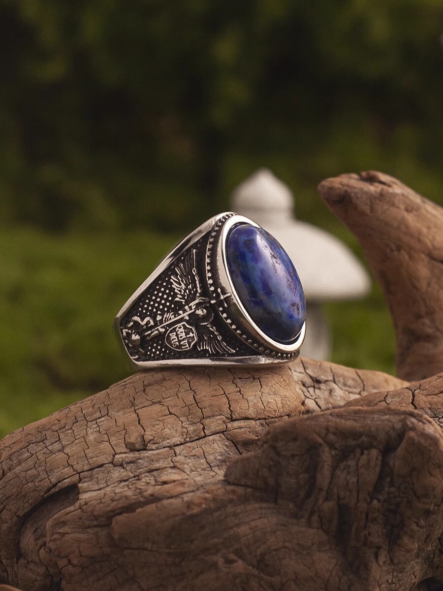 NIGHT WORKS God’s Power retro angel carving royal blue stone ring men’s