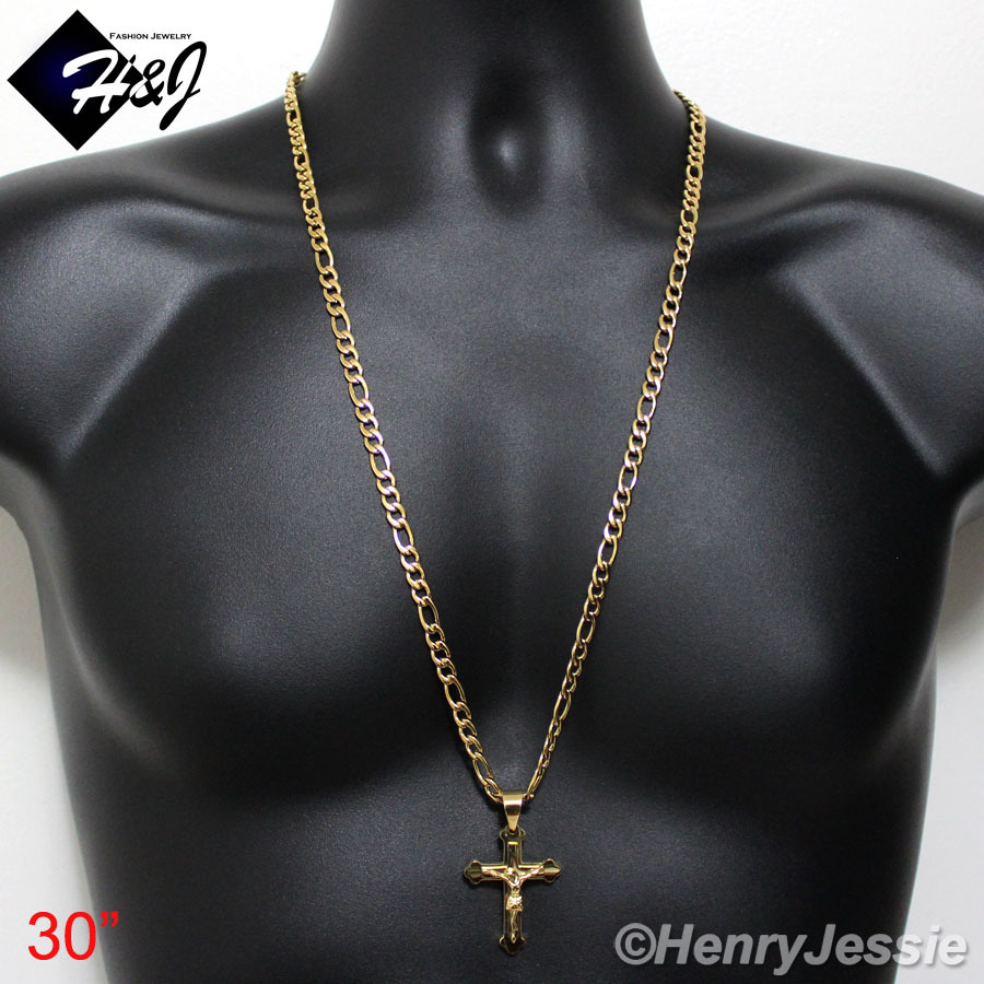 18″-36″MEN Stainless Steel 6mm Gold Plated Figaro Link Chain Cross Pendant*J2