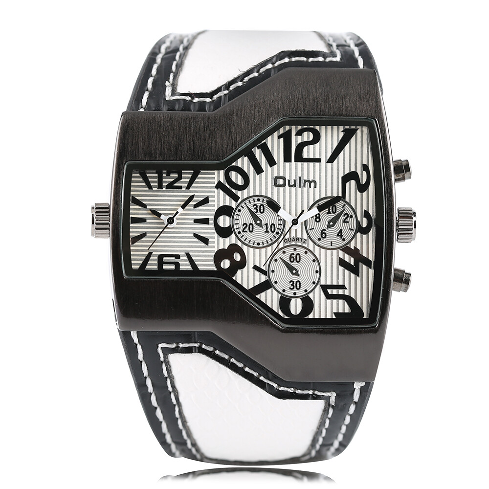 OULM Steampunk Style Two Time Zone Mens Watches PU Leather Quartz Wristwatch
