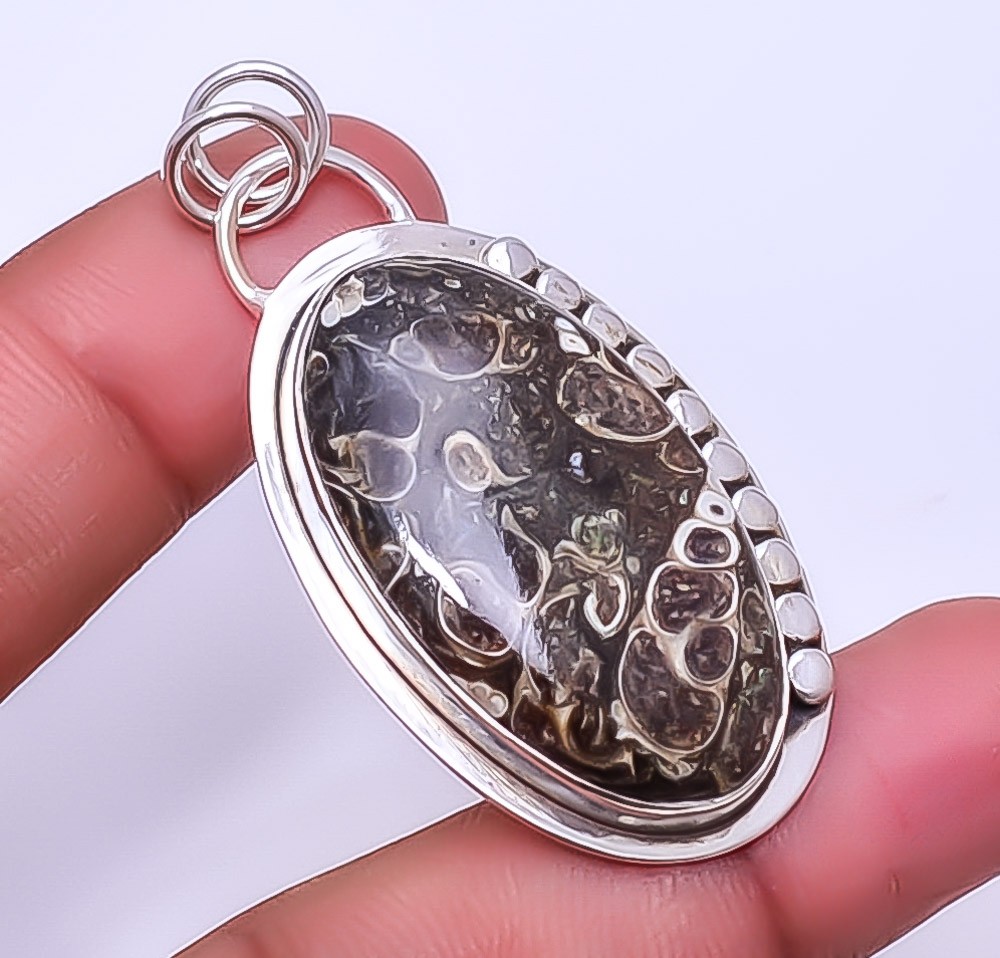 Turritella Fossil Agate Gemstone 925 Sterling Silver Handmade Pendant 2.11″ A330