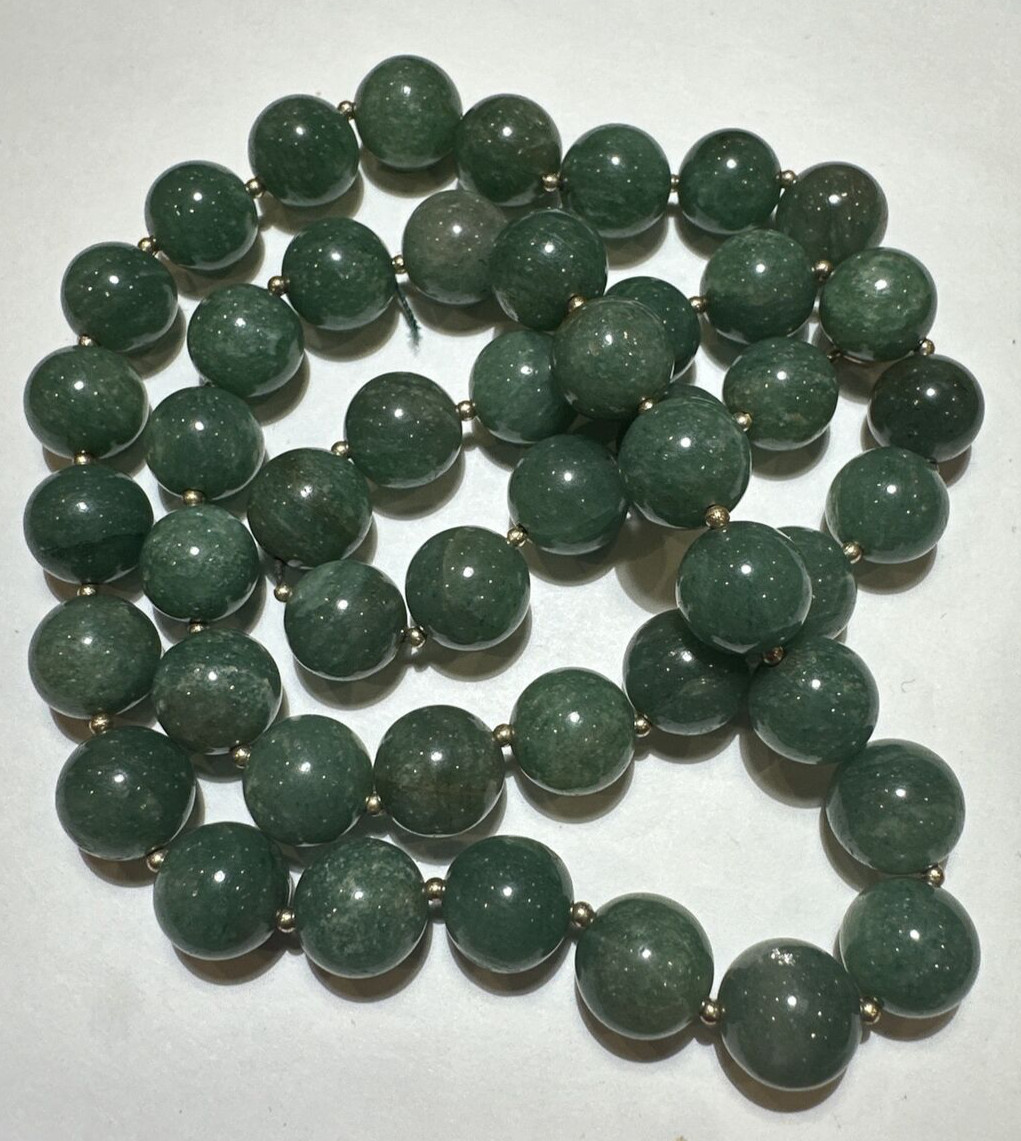 Chunky Green Carved Tourmaline Stone 11mm Bead Strand 18K Gold 114g Necklace DC5
