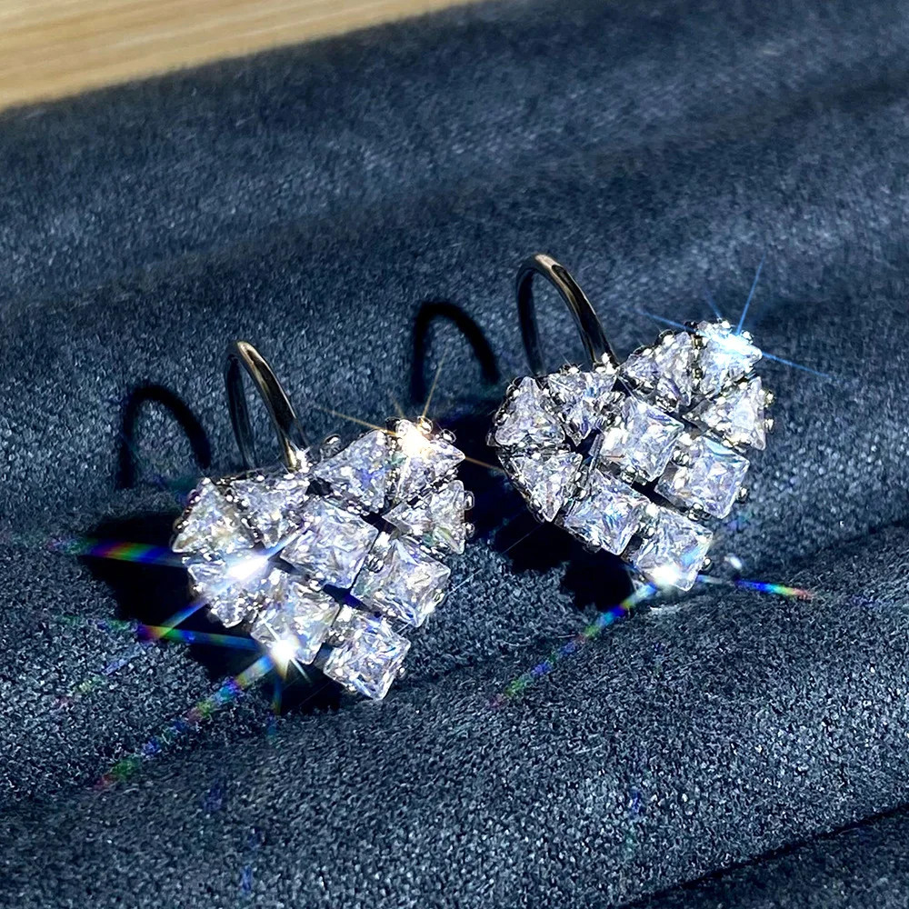 White Gold Princess Cut Diamond Earrings D Color Heart Shape Wedding Jewelry