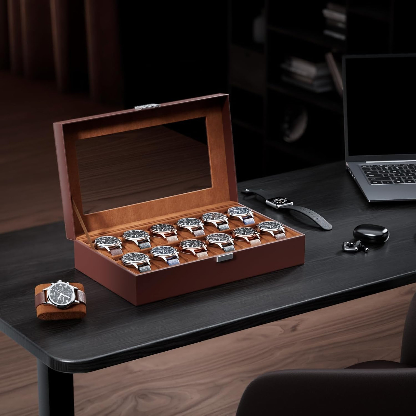 Watch Organizer Box with Glass Lid, 12 Slot Watch Display Case in Brown