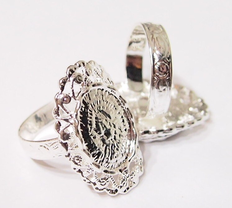 6 of 18x13mm Shiny Silver Victorian Deco Woven Flowers Adjustable Ring Settings
