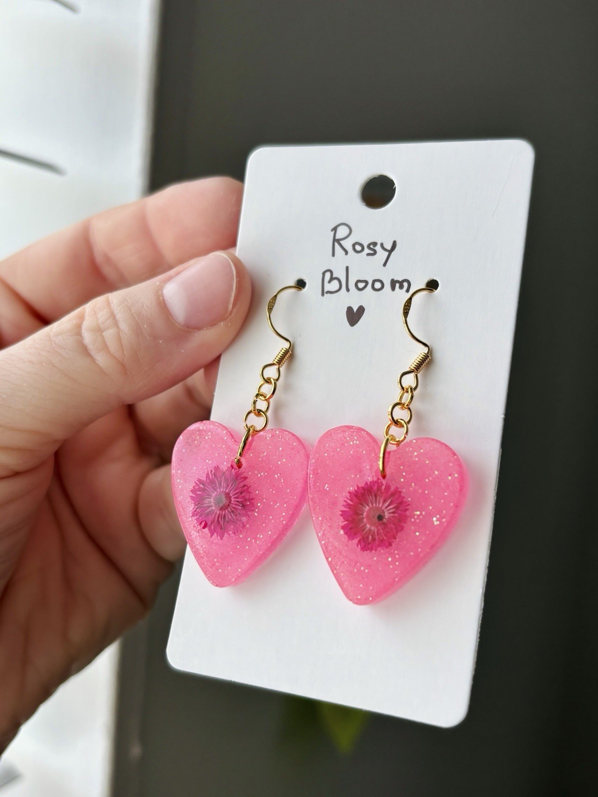 Rosy Bloom Resin Heart Earrings Handmade Real Dried Flower Pink Botanical