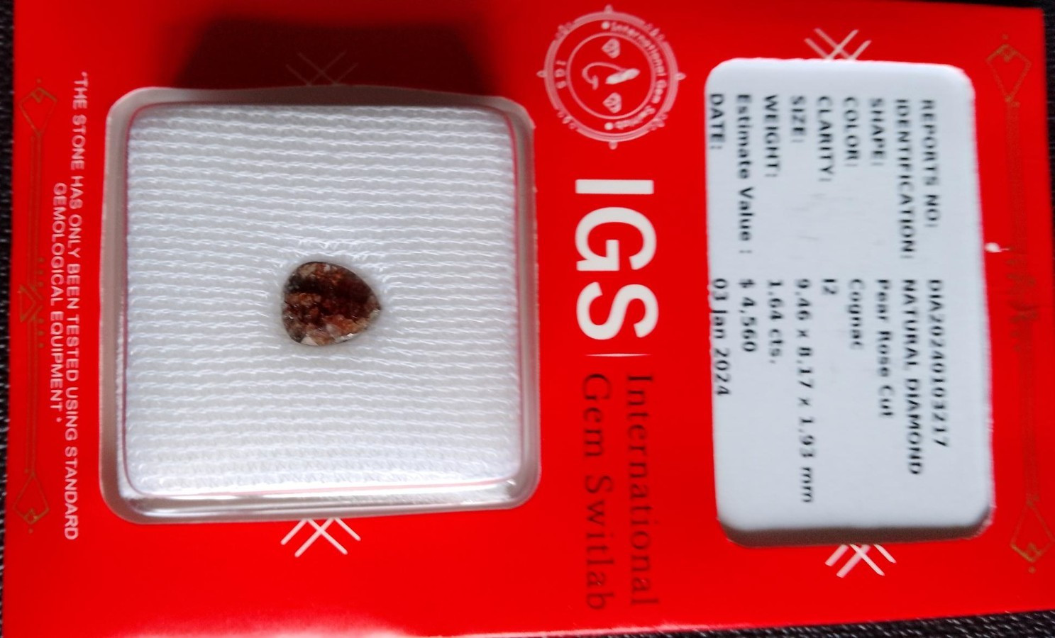1.64ct Cognac Diamond, NATURAL PEAR ROSE CUT, new/sealed, IGS certified