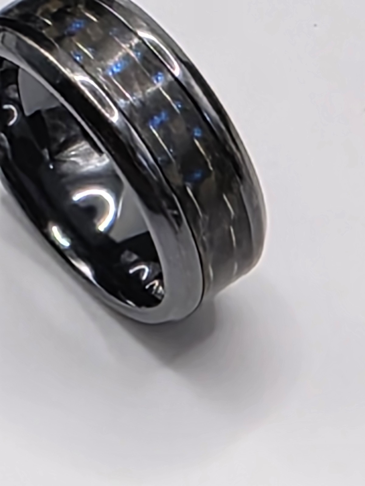 Triton Titanium Wedding Band Ring Approx Size 11 8mm Carbon Fiber Blue Inlay Box