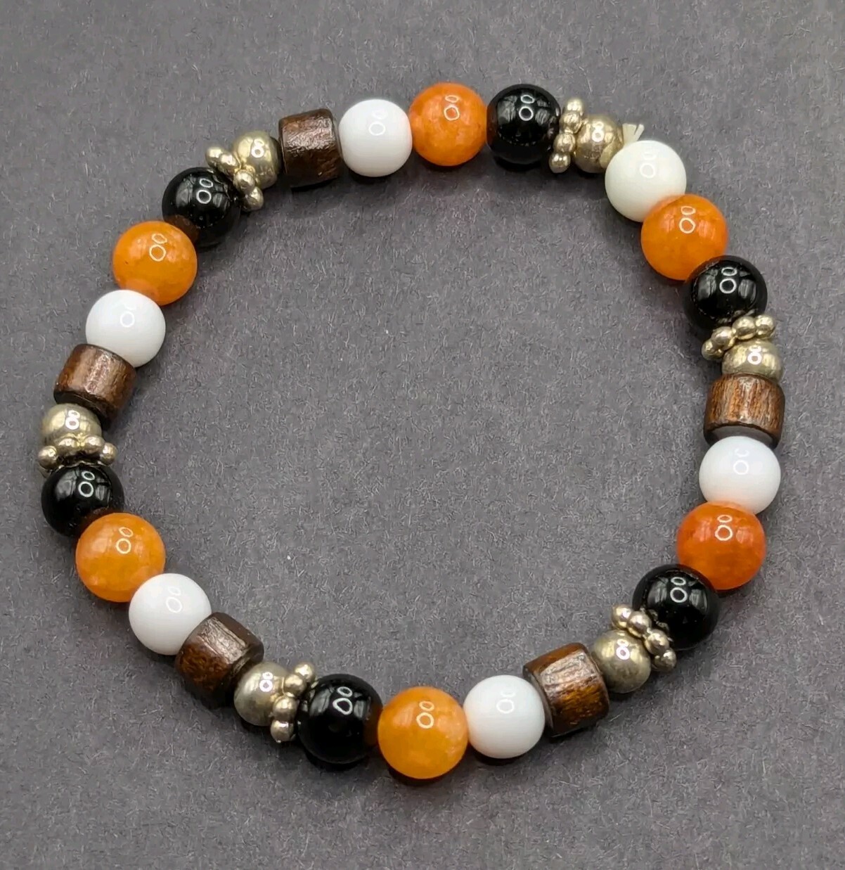 Orange White Black Wood Gemstone 8mm beaded stretch bracelet (19cm) Large Wrist
