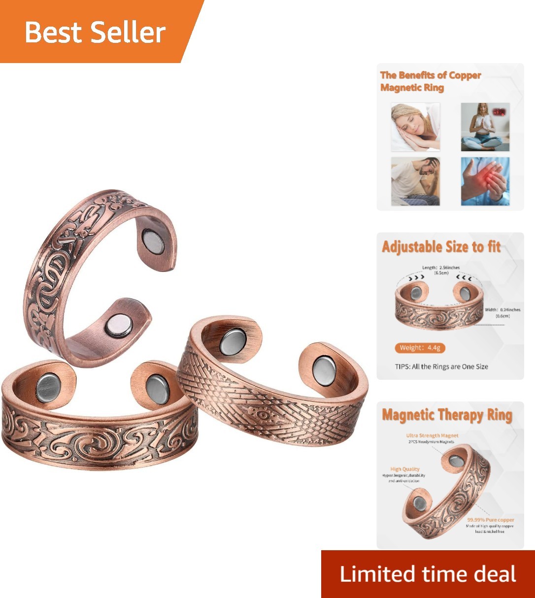 Stylish Adjustable Copper Magnetic Rings Set – Vintage Fashion for All Occasions