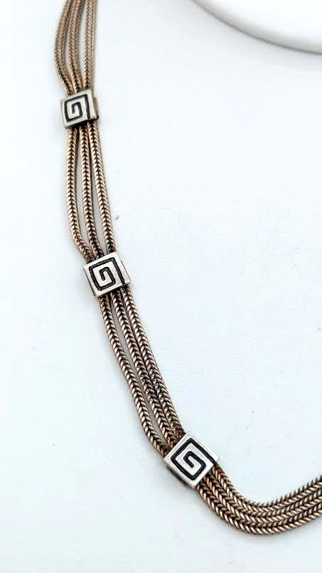 Vintage Necklace Greek Key Triple Strand Choker Sterling Silver 14 Inch