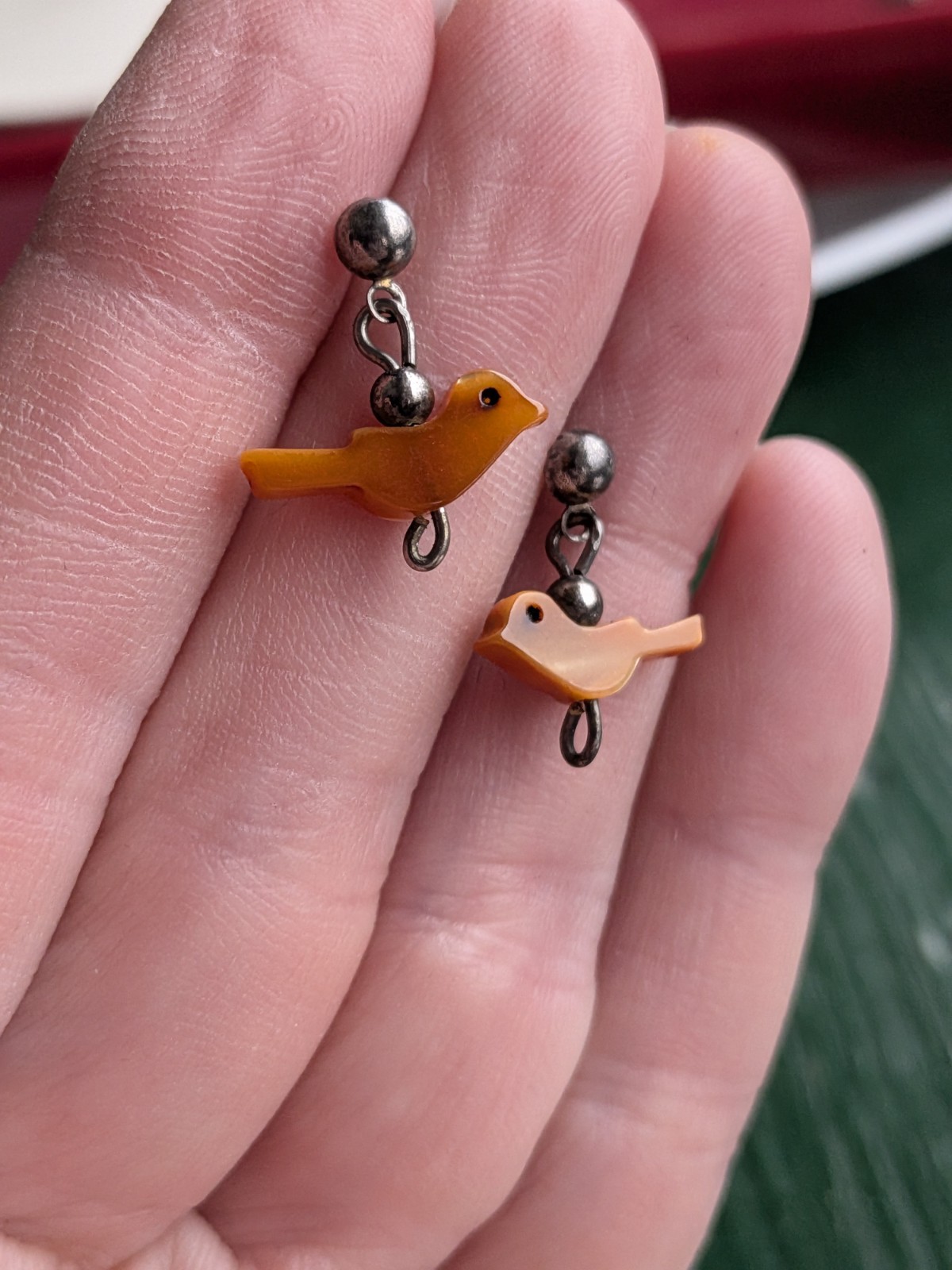 MCM Dainty Fetish Pierced Silver Tone Earrings Carved Orange Brown Shell Birds